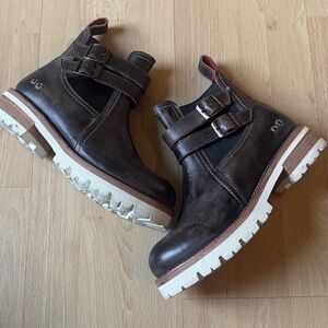 BED|STU Dark Brown Leather Ankle Booties with White Lug Sole and Buckle Straps